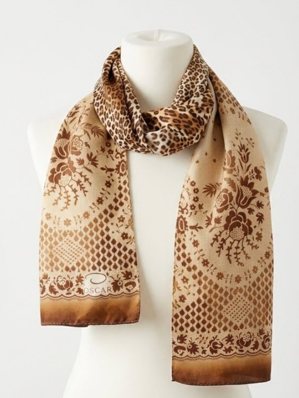 Oscar de la Renta Beige and Brown Leopard & Floral Silk Scarf